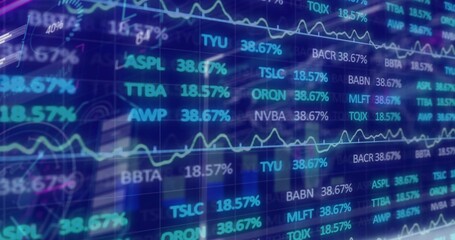 Naklejka premium Displaying large LED market board flashing cyan tickers and percentage charts in business district