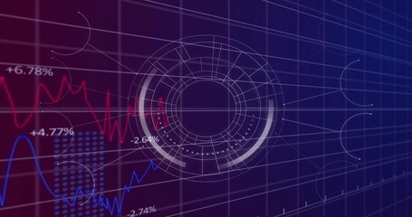 Displaying concentric HUD centered on virtual grid, showing red and blue charts with percent labels © vectorfusionart