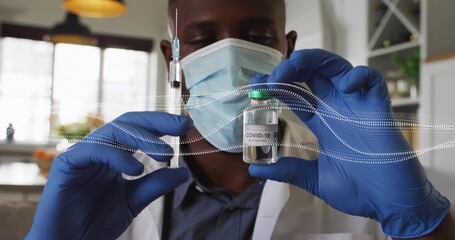 Drawing lab-coat clinician with mask and blue gloves preparing COVID-19 vial syringe in clinic