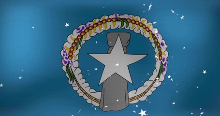 Displaying centered emblem on blue field with gray pillar, white star, braided lei, star motifs