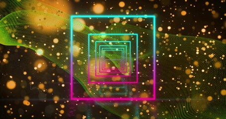 Fototapeta premium Glowing neon square frames receding into abstract tunnel, with golden particles and green mesh