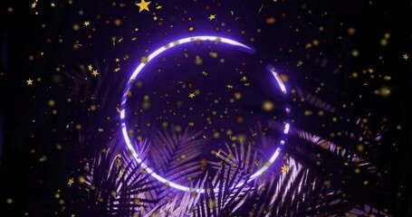 Glowing segmented purple neon ring casting glow on palm fronds in studio haze with star confetti