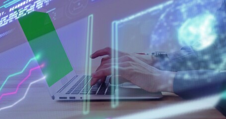 Typing hands in dark sleeve at desk, silver laptop green screen, watch, pen and neon overlays