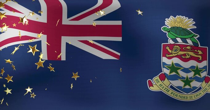Displaying Cayman flag filling frame on navy field, with Union Jack, coat of arms, gold confetti