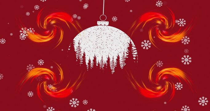 Hanging white bauble showing pine trees on deep red field, with orange-red swirls and snowflakes