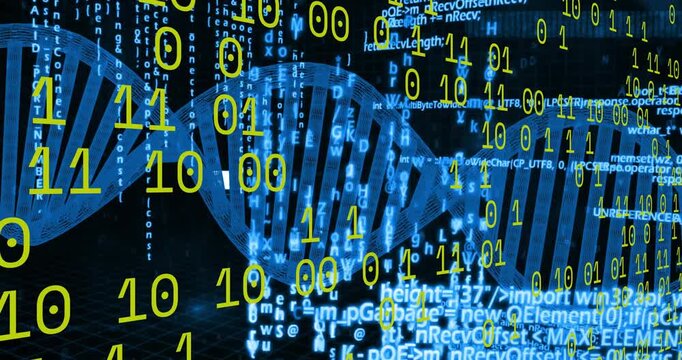 Camera pan starting blue DNA helix rotating to center while binary digits surging, showing encoding