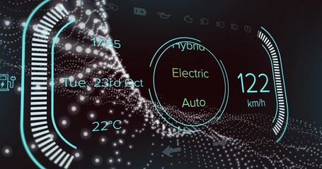 Showing HUD in dash, displaying mode gauge, 122 km or h speed, segmented gauges, icons, particles