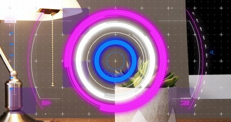 Displaying AR circular HUD overlay on wooden desk in home office, showing lamp, succulent, monitor