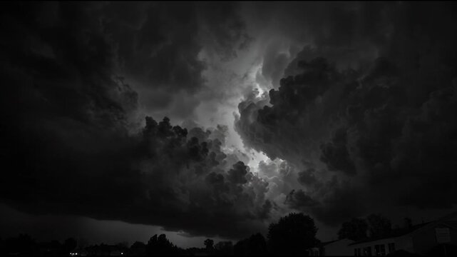 A dramatic scene of a stormy sky with dark clouds and lightning over a silhouette landscape