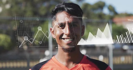 Fotobehang Onderzeeër Smiling male athlete wearing red-black jersey standing on sports field, showing HUD overlays  © vectorfusionart
