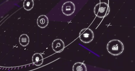 Connecting glowing UI icons floating across dark purple screen, showing search and laptop icons