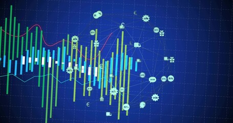 Displaying multicolored bar chart with trend lines on dark blue grid, showing network icons © vectorfusionart