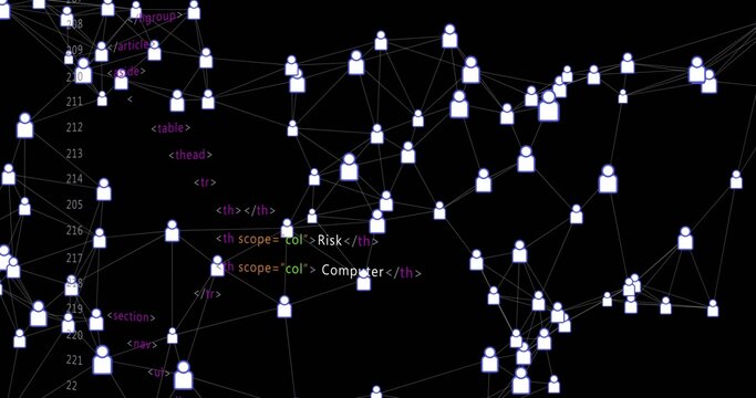 Rendering network graph of white avatars connecting across dark editor background, with HTML code