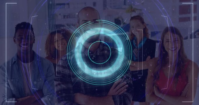 Five-person team posing in tech, HUD overlay appearing, scanning and receding to reveal leaders