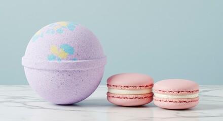 Fototapeta premium Lavender Bath Bomb and Pink Macarons