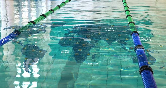 Frame shift revealing map overlay on pool water, HUD growing, ripples bending showing global data