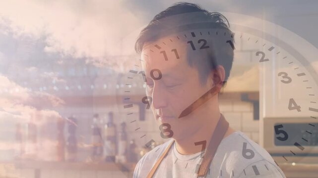 Mature man in apron standing at kitchen counter, clock and cloud overlays shifting, eyes closing