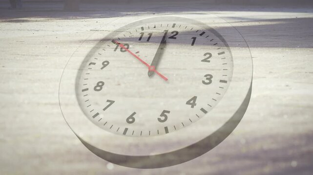 Clock overlay centering plaza, sun casting shadows, hands advancing showing time, legs crossing