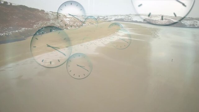 Translucent clock faces drifting over sandy bay, compositing overlay driving layered depth and time