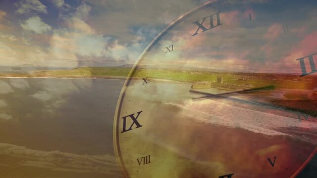 Coastline appearing, translucent clock overlaying with Roman numerals, hands sweeping to show time