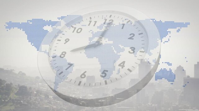On play, clock hands advancing clockwise, showing time flow over dotted world map and hazy skyline