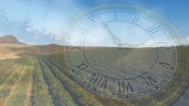 Clock overlay appearing while hands rotating clockwise and shimmering, conveying time over farmland