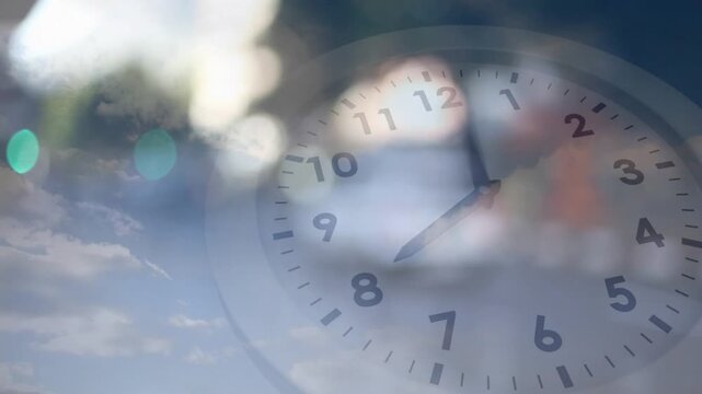 On start blending, analog clock rotating while cars moving and clouds drifting showing elapsed time