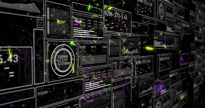 Neon particles appearing swirling across data wall lighting panels, shifting gauges, camera panning