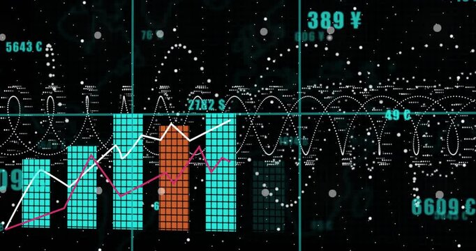 Pulsing waveform launching bars rising sequentially tracing two trend lines showing currency trends