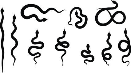 Obraz premium Black snake silhouettes collection flat vector illustration set, reptile shapes, coiled serpent icons, wildlife design, abstract animal graphic art