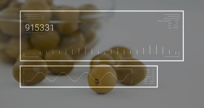 HUD frames appearing, animating numbers, drawing waveform, fluctuating bars, monitoring olives