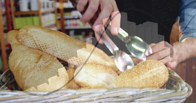 Metal tongs entering above causing bakery hands lifting, shifting, selecting roll to serve customer