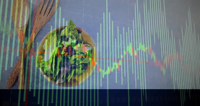 Animation starting, chart over wood bowl of salad and tools, bars rising, line moving showing data