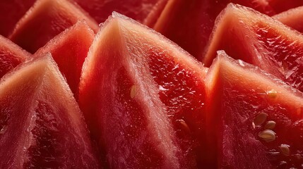 Close Up of Fresh Red Watermelon Wedges with Seeds and Glistening Texture in Natural Light Arrangement of Slices on Dark Surface Studio Shot