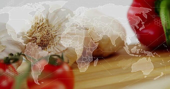 Garlic pepper tomatoes on board map overlay fading data forming camera shifting left showing origin