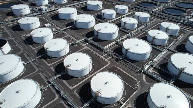 Aerial view of white oil storage tanks storing strategic fuel reserves at an industrial complex.