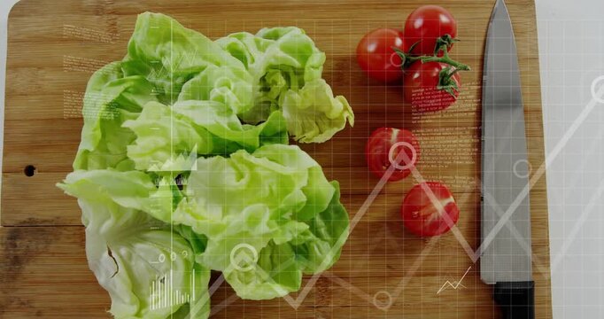 Butter-lettuce sitting left, charts appearing showing data, chef knife halving tomato, settling