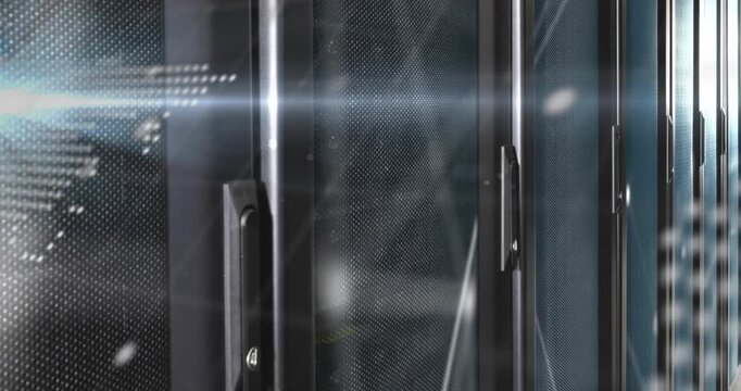 Camera pan starting server racks sliding, dotted map and text forming network, showing global flow