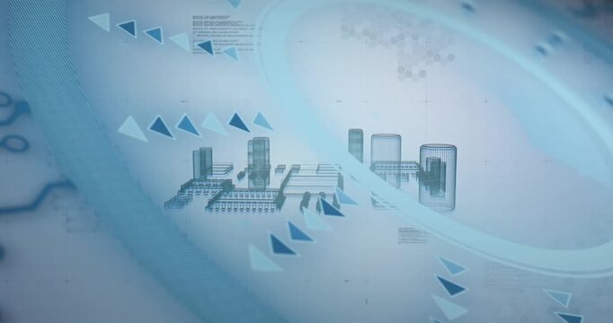 Triangles entering top-left starting wire rising into city then splitting into decks, mapping flow