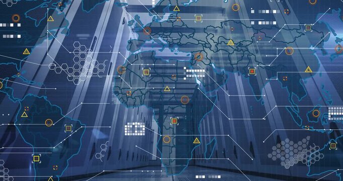 On scan start server-rack aisle glowing as world map fading and HUD multiplying to monitor traffic