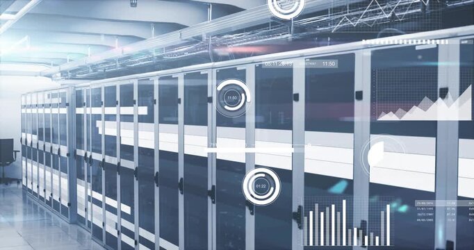 Camera panning right, rack row receiving HUD widgets and charts animating monitoring rack status