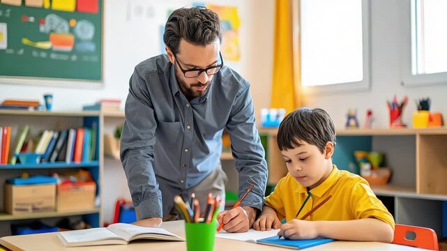 Teacher helping young student with homework in a bright classroom