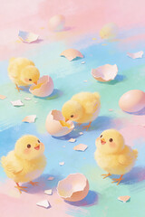 Little chicks with eggshells on there heads. Eater background.