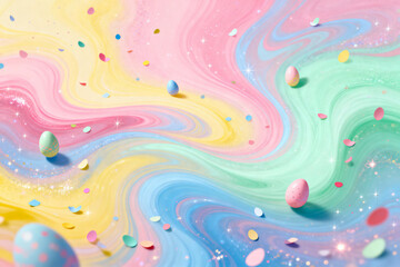 Swirls and confetti and Eastereggs, in pastel colors. Background for Easter.
