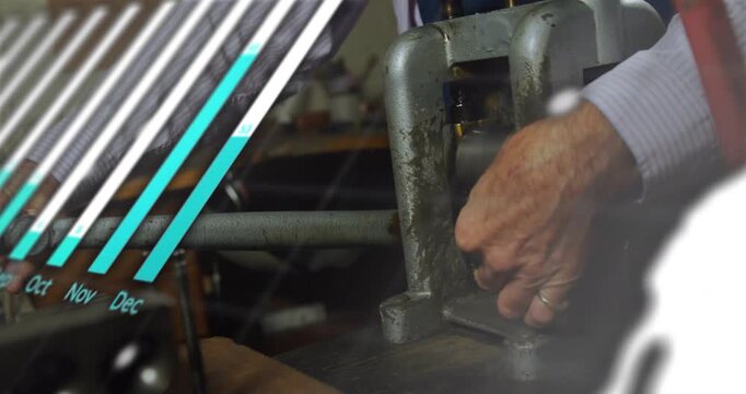 Sr tech reaching into press, tuning bolts for repair while data overlays over hands showing charts