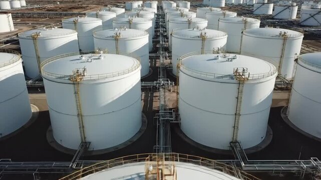Aerial view captures massive white oil storage tanks storing strategic fuel reserves at a desert tank farm.