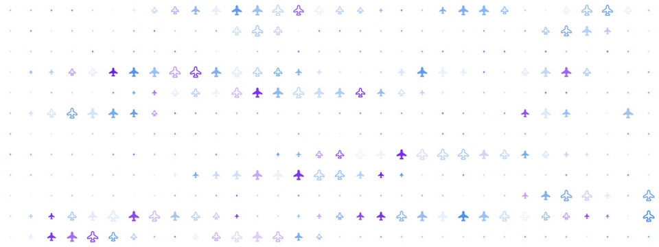 Abstract pattern of small airplane icons in blue and purple colors on a white background for travel and aviation concepts