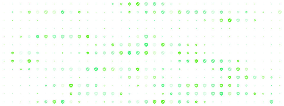Abstract background with green shield icons and check marks representing security and protection. Digital data safety and cybersecurity concept with a grid of small green symbols on white.