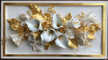 Elegant Floral Arrangement with White Lilies Golden Leaves and Glitter in a Rectangular Frame on a White Textured Background for Decoration