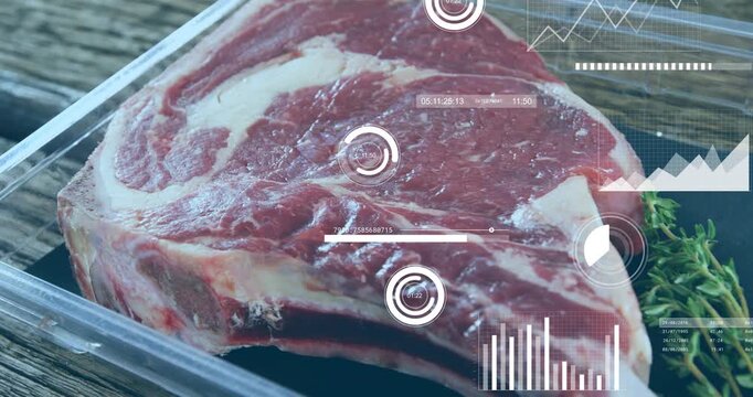Camera panning initiating HUD graphics scanning raw bone-in rib steak on wood tabletop for analysis